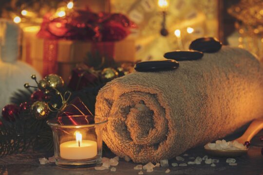 Spa composition with Christmas decoration. Holiday SPA treatment