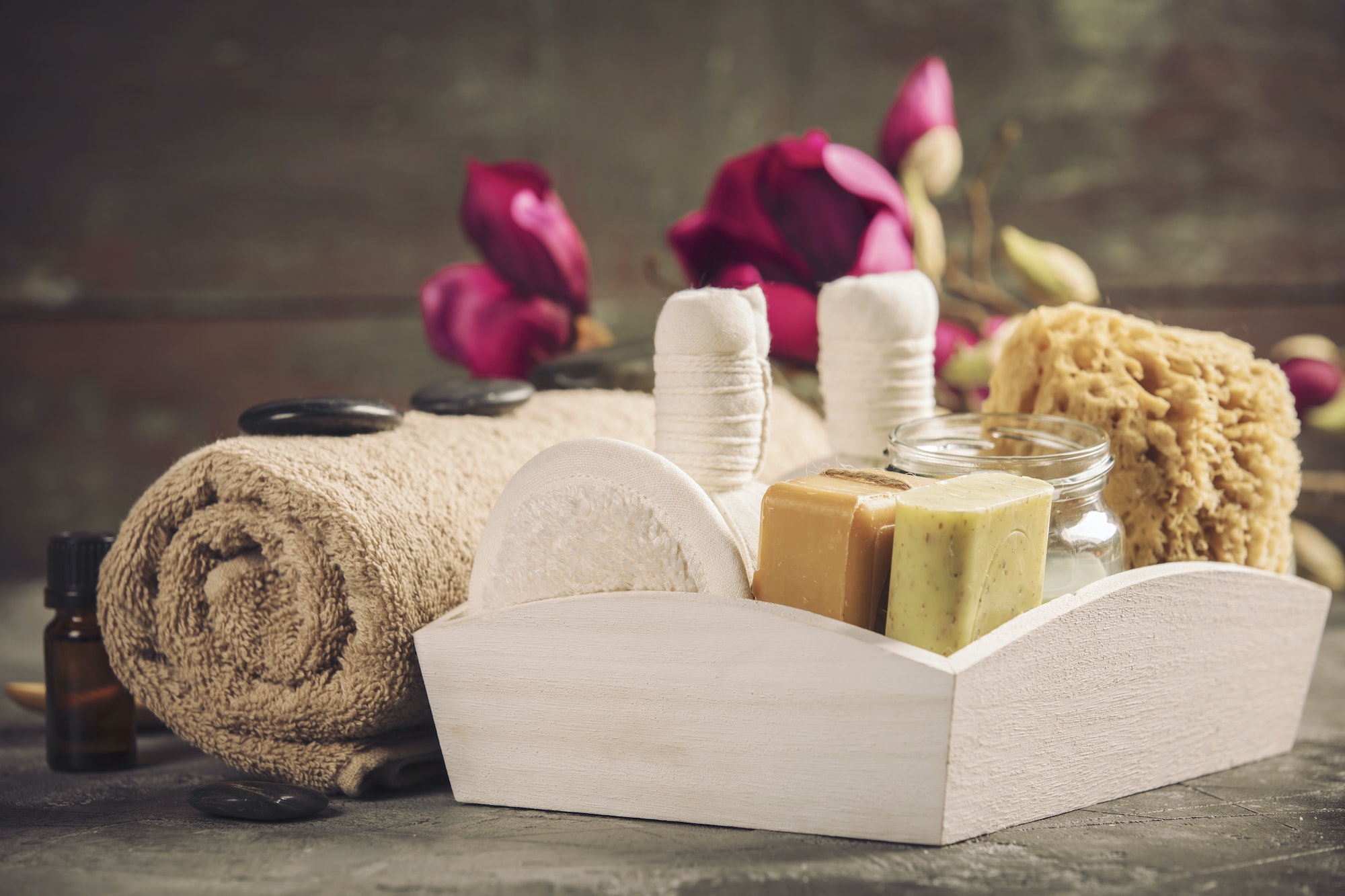 Spa composition with Christmas decoration. Holiday SPA treatment Spa composition with Christmas decoration. Holiday SPA treatment